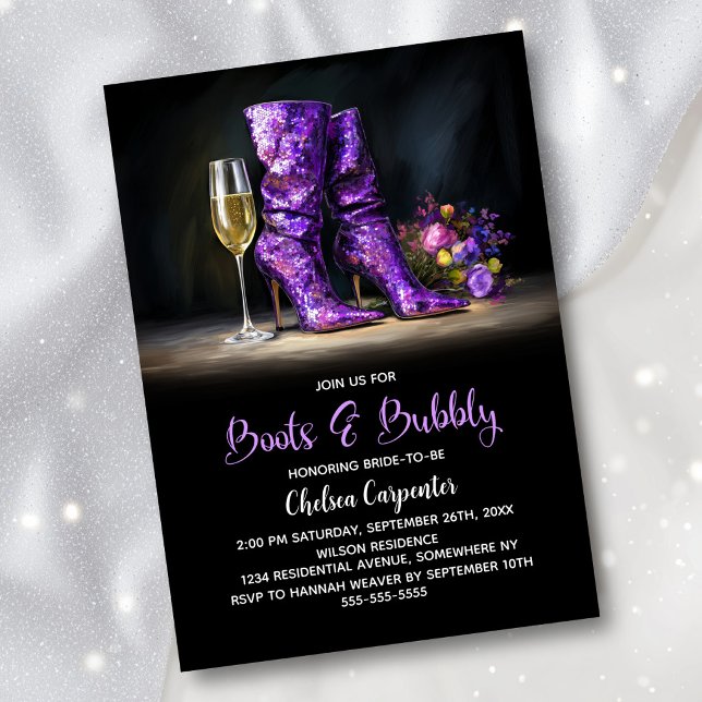 Purple Sequin Boots and Bubbly Bridal Shower Einladung (Von Creator hochgeladen)