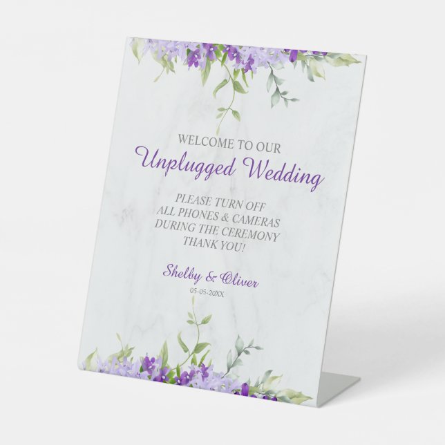Purple Shades Flowers Branches Unplugged Wedding Sockelschild (Vorderseite)