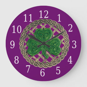 Purple Shamrock And Celtic Knots Round Clock Große Wanduhr