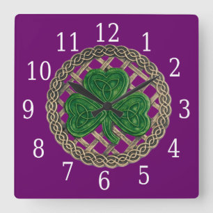 Purple Shamrock And Celtic Knots Square Clock Quadratische Wanduhr
