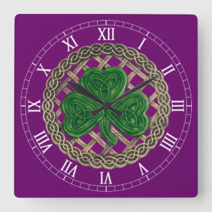 Purple Shamrock & Celtic Knots Roman Numeral Clock Quadratische Wanduhr