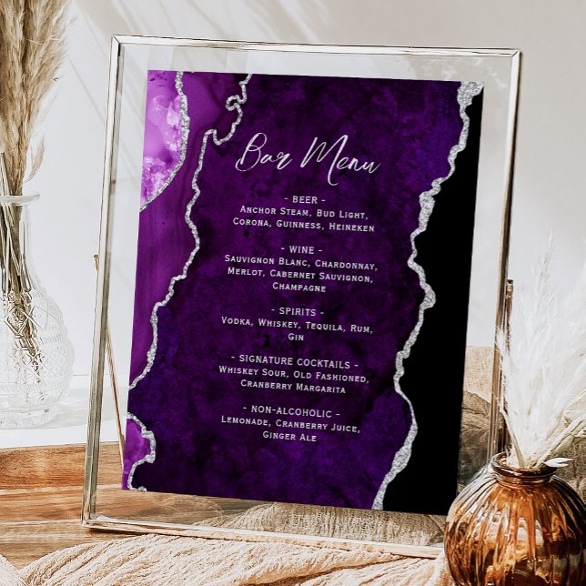 Purple Silver Agate Script Wedding Bar Menu  Poster (Von Creator hochgeladen)