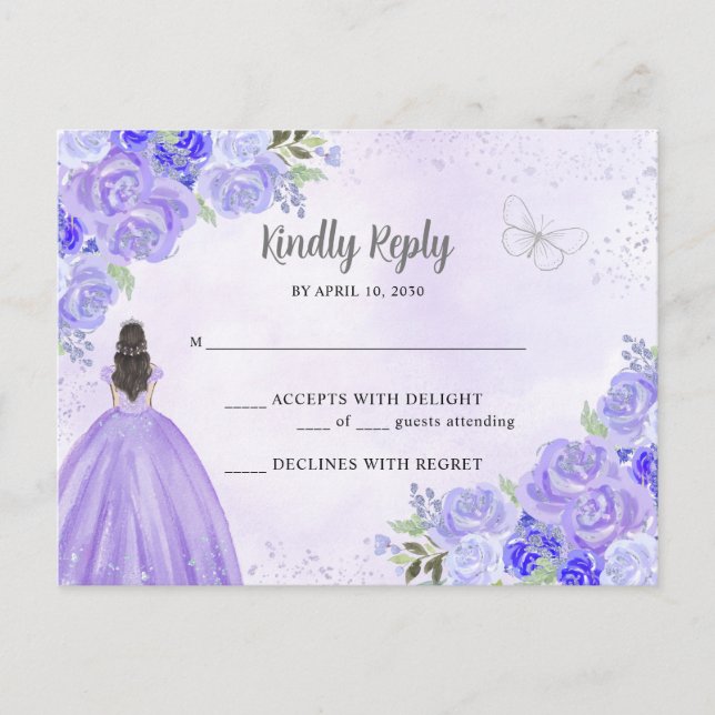Purple Silver Floral Princess Quinceañera RSVP Postkarte (Vorderseite)