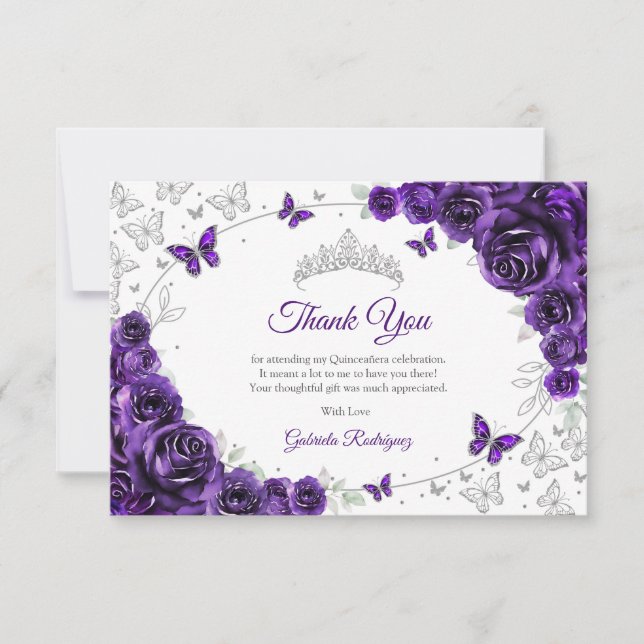 Purple Silver Floral Quinceanera Dankeskarte (Vorderseite)
