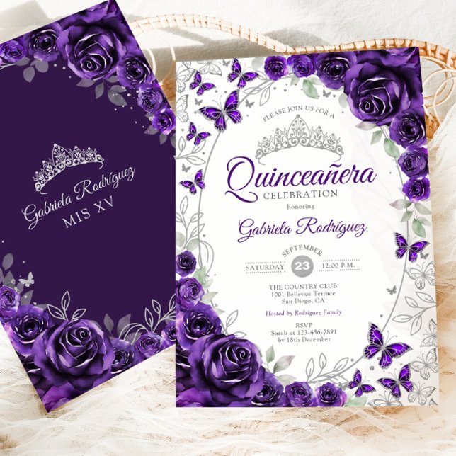 Purple Silver Floral Quinceanera Einladung (Von Creator hochgeladen)