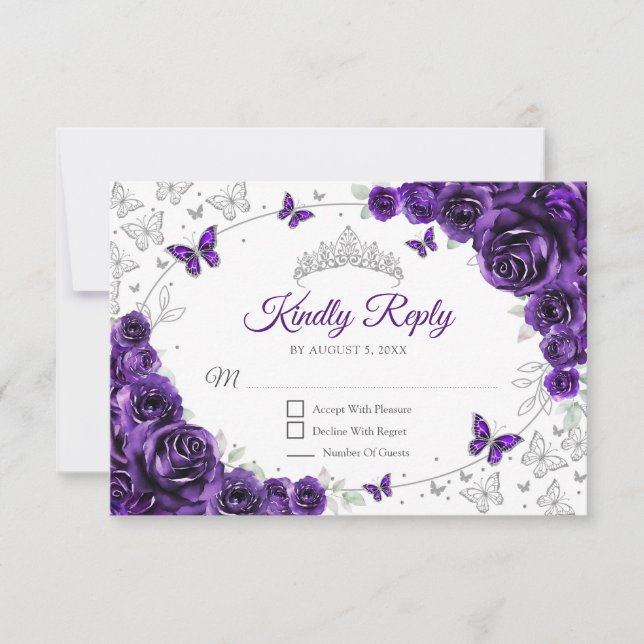 Purple Silver Floral Quinceanera Reply RSVP Karte (Vorderseite)