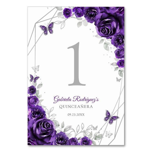 Purple Silver Floral Quinceanera Tischnummer (Vorderseite)