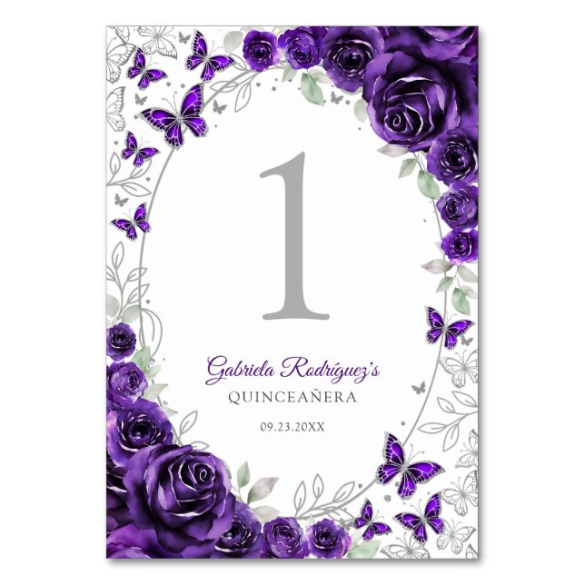 Purple Silver Floral Quinceanera Tischnummer (Vorderseite)