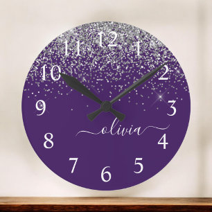 Purple Silver Glitter Girly Glam Monogram  Runde Wanduhr