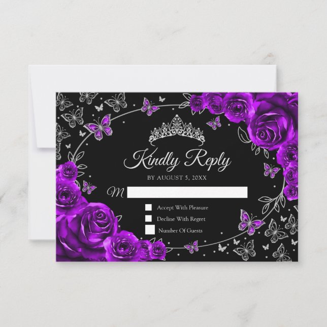 Purple Silver Quinceanera Reply RSVP Karte (Vorderseite)