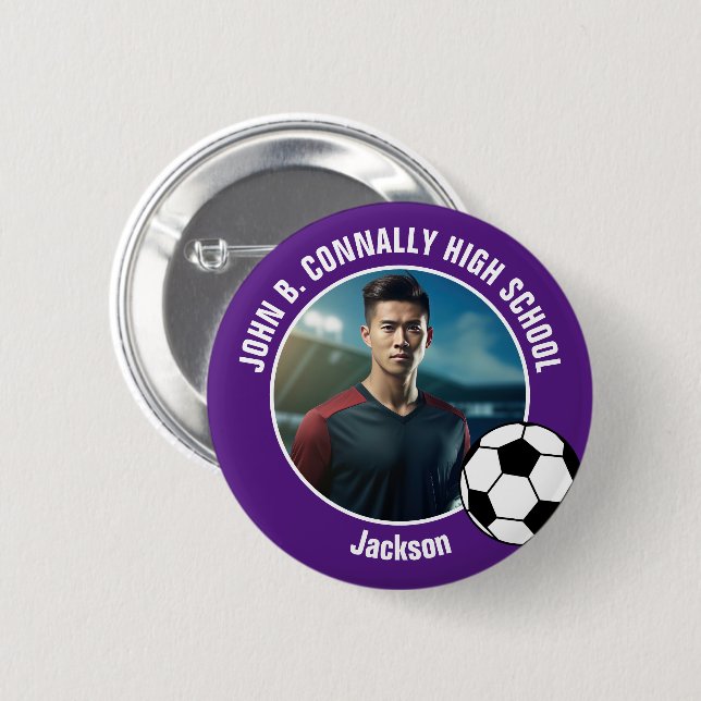 Purple Soccer Player Photo High School Spirit Button (Vorne & Hinten)