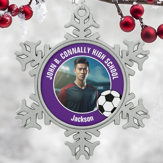 Purple Soccer Player Photo High School Spirit Schneeflocken Zinn-Ornament (Von Creator hochgeladen)