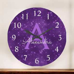Purple Sparkle Shimmer Monogram Name & Initial Große Wanduhr