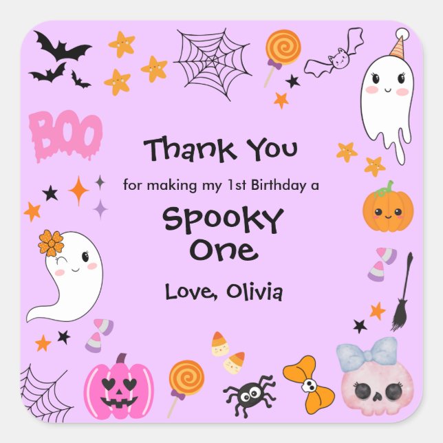 Purple Spooky One Cute Halloween 1st Birthday  Quadratischer Aufkleber (Vorderseite)
