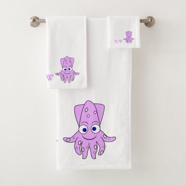 Purple Squid Design Monogrammed Badhandtuch Set (Insitu)