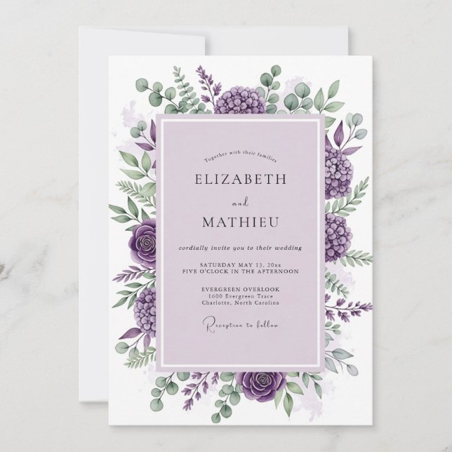 Purple Sublime Botanical Wedding Einladung (Vorderseite)