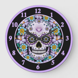 Purple Sugar Skull with Flowers Große Wanduhr