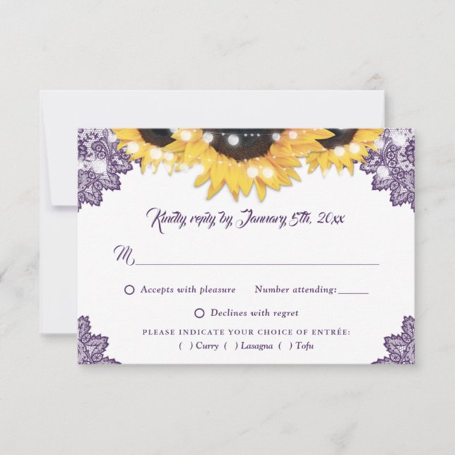 Purple Sunflower Lace Wedding Meal Choice RSVP Karte (Vorderseite)