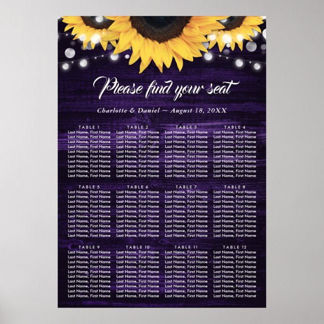 Purple Sunflower Wedding Seating Chart 12 Poster (Vorne)