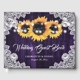 Purple Sunflower Wood Floral Lace Wedding Gästebuch