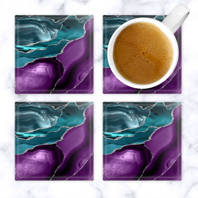 Purple Teal Blue Agate Silver Glitter Glasuntersetzer (Von Creator hochgeladen)
