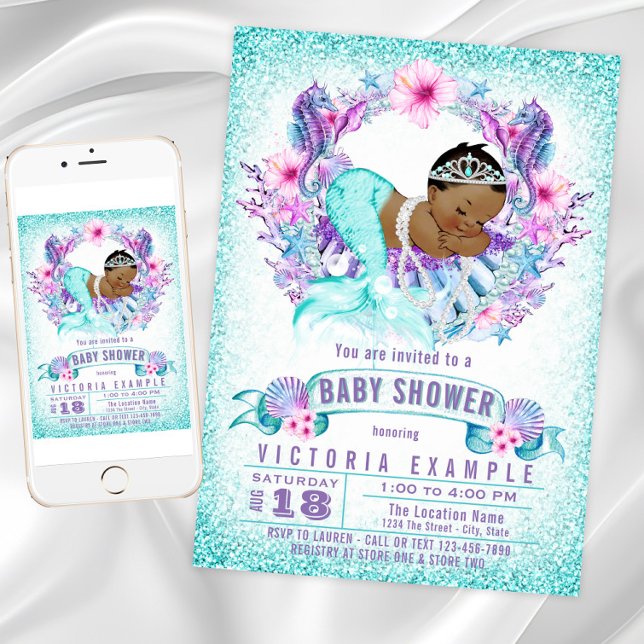Purple Teal Ethnic Mermaid Baby Shower Invitation Einladung (African American mermaid baby shower invitation. Instant download and printed invitations available.)
