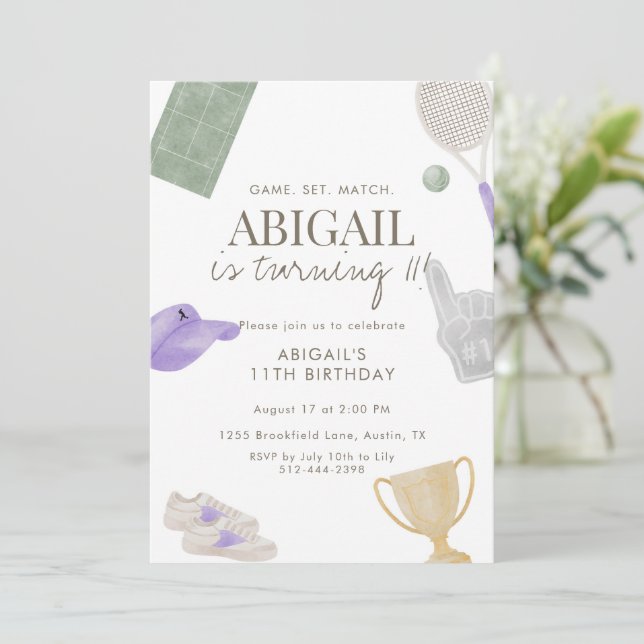 Purple Tennis 11th Birthday Party for Girls  Einladung (Stehend Vorderseite)
