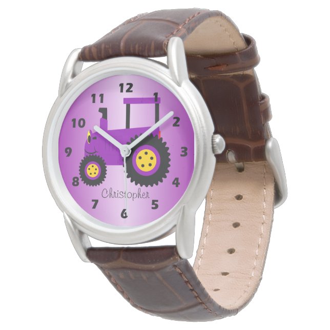 Purple Tractor Design Personalised Armbanduhr (Schrägansicht)