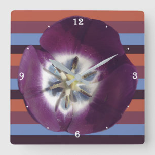 Purple Tulip And stripes  Wall Clock Quadratische Wanduhr