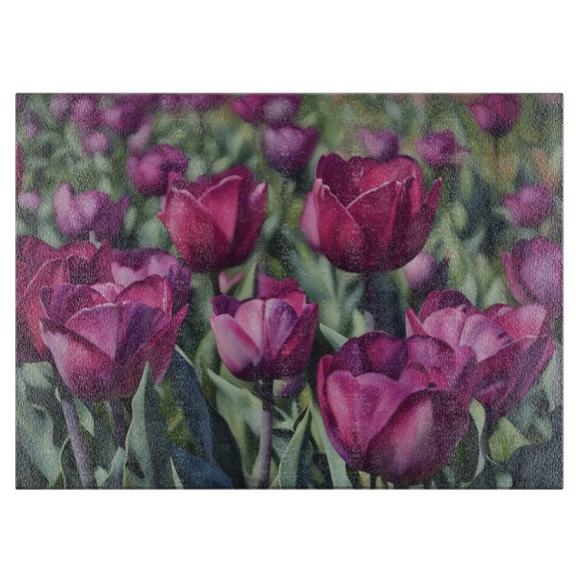 Purple Tulips Flowers Floral Art Glass Schneidebrett (Vorderseite)