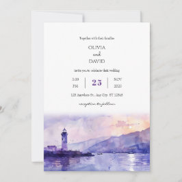 Purple Twilight Lighthouse Harbour Beach Wedding Einladung