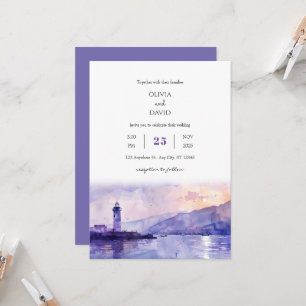 Purple Twilight Lighthouse Harbour Beach Wedding Einladung