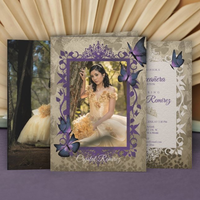 Purple Vintage Butterflies Quinceanera Invitation Karte (vintage fancy purple lavender beige quinceanera invitation fancy vines leaves frame border butterfly)