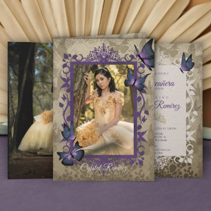 Purple Vintage Butterflies Quinceanera Invitation Karte