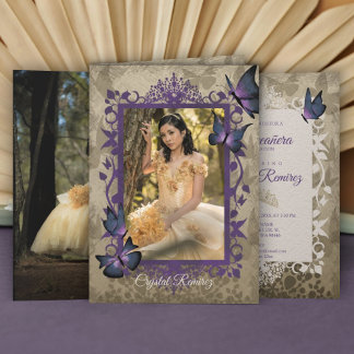 Purple Vintage Butterflies Quinceanera Invitation Karte