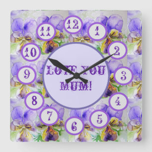 Purple Viola Watercolour Floral Acrylic Wall Clock Quadratische Wanduhr