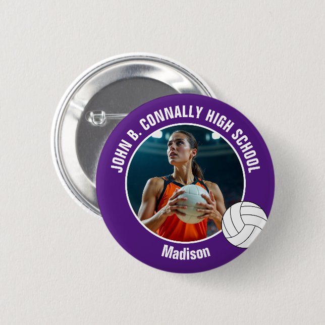 Purple Volleyball Player Photo High School Spirit Button (Vorne & Hinten)
