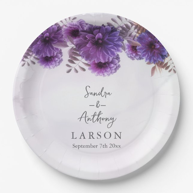 Purple Watercolor Chrysanthemum Wedding Pappteller (Vorderseite)