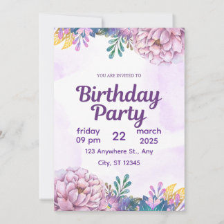Purple Watercolor Floral Birthday Party Invitation Einladung