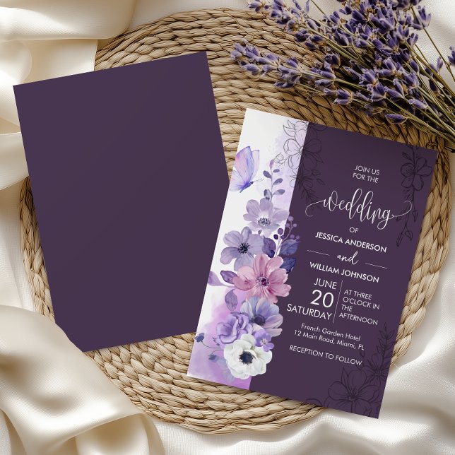 Purple Watercolor Floral Wedding Einladung (Von Creator hochgeladen)