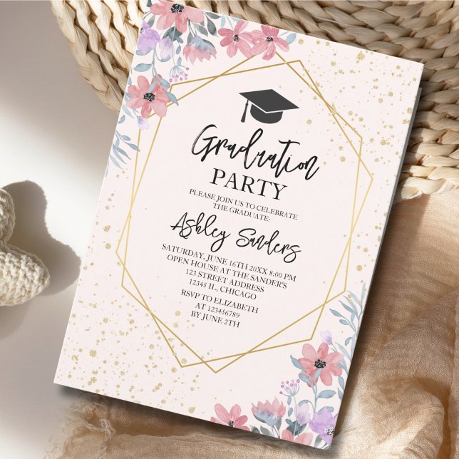 Purple watercolor flowers with gold Glitter Einladung (Von Creator hochgeladen)