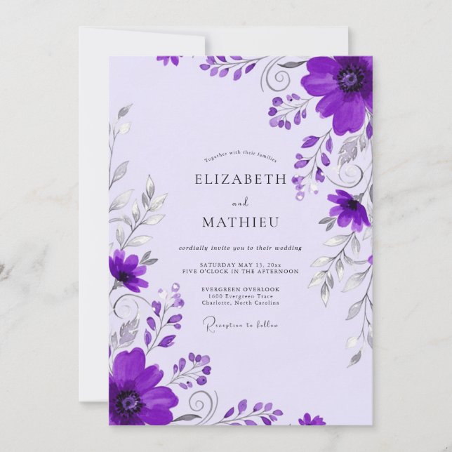 Purple Whimsical Spring Wedding Einladung (Vorderseite)