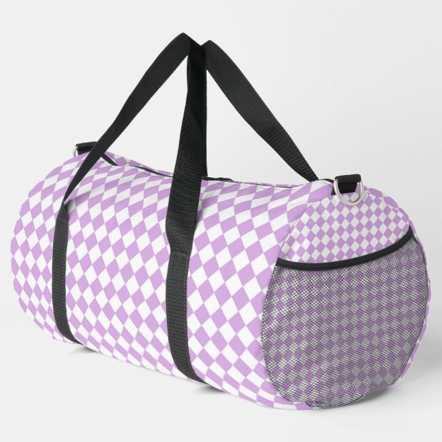 Purple White Checker Diamond Pattern Large Duffle Bag (Rechte Ecke)