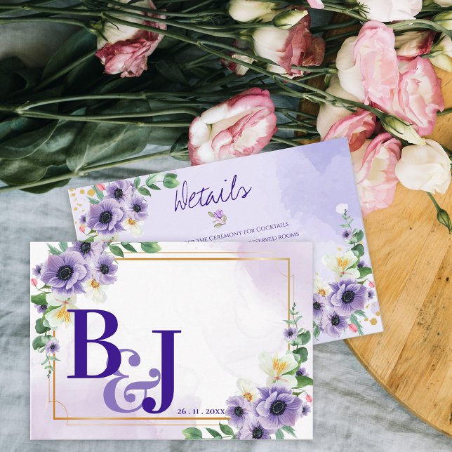 Purple White Floral Gold Frame Wedding Details Begleitkarte (Purple White Floral Gold Frame Wedding Details Enclosure Card)