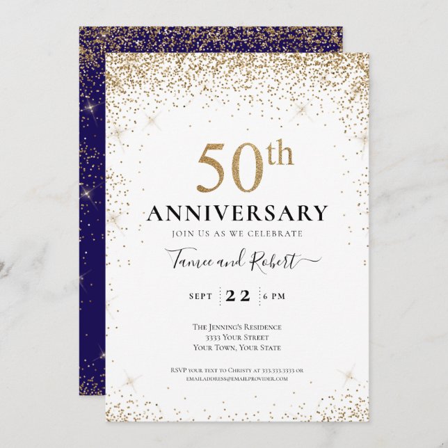 Purple White Gold 50th Wedding Anniversary  Einladung (Vorne/Hinten)