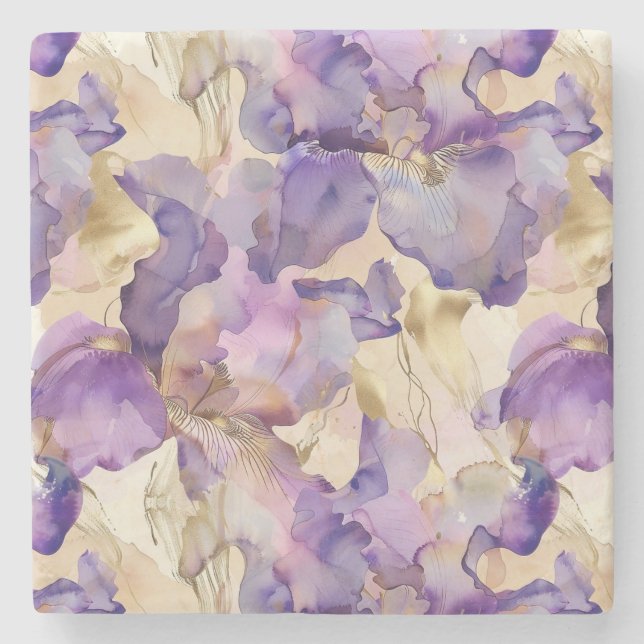 Purple White Gold Iris Floral Abstract Steinuntersetzer (Vorderseite)