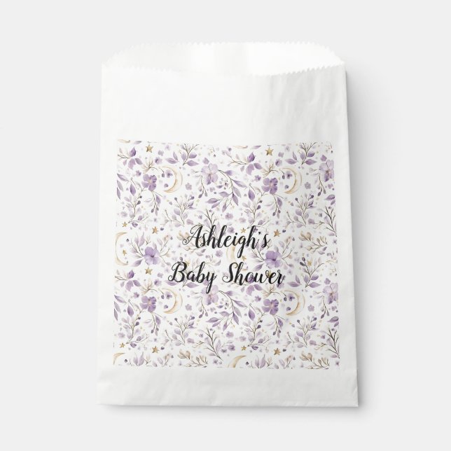 Purple White Moons & Stars Floral Baby Shower Geschenktütchen (Vorderseite)
