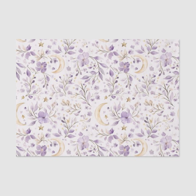 Purple White Moons & Stars Floral Baby Shower Seidenpapier (Vorderseite)