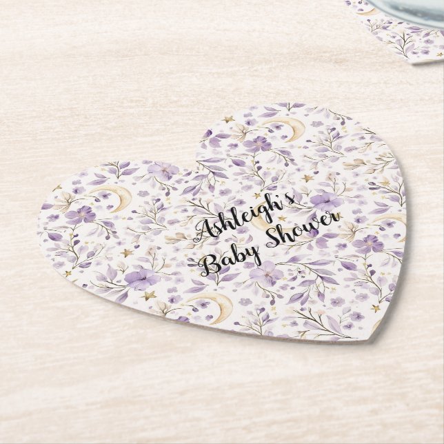 Purple White Moons & Stars Floral Baby Shower Untersetzer (angewinkelt)