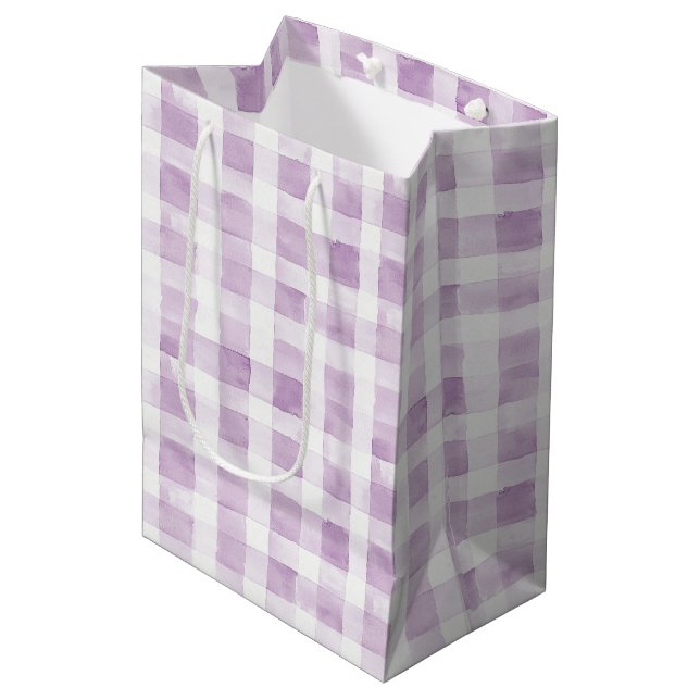 Purple White Plaid Stripes Mittlere Geschenktüte (Vorderseite Schrägansicht)